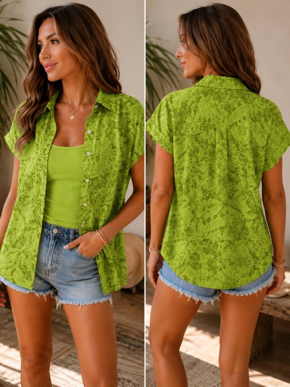 Dressbarn 2 Piece Green Top Set Blouse + Cami | Large | Leaf Print | WA-1578